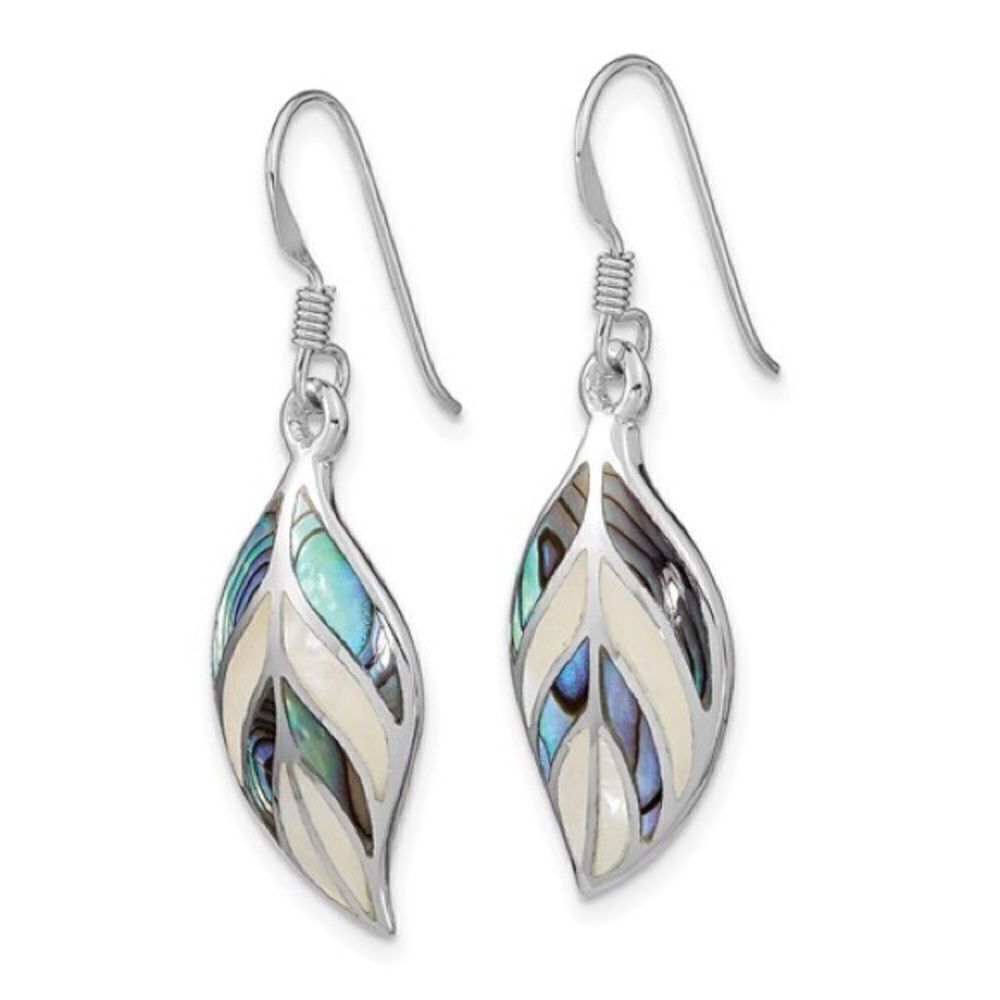 New Sterling Silver Leaf Mother of Pearl and Abalone Dangle Earrings
